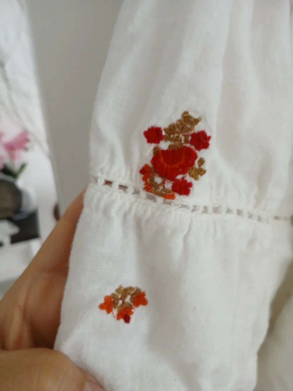 Free People White Smocked Mini Dress with Rust Floral Accents
